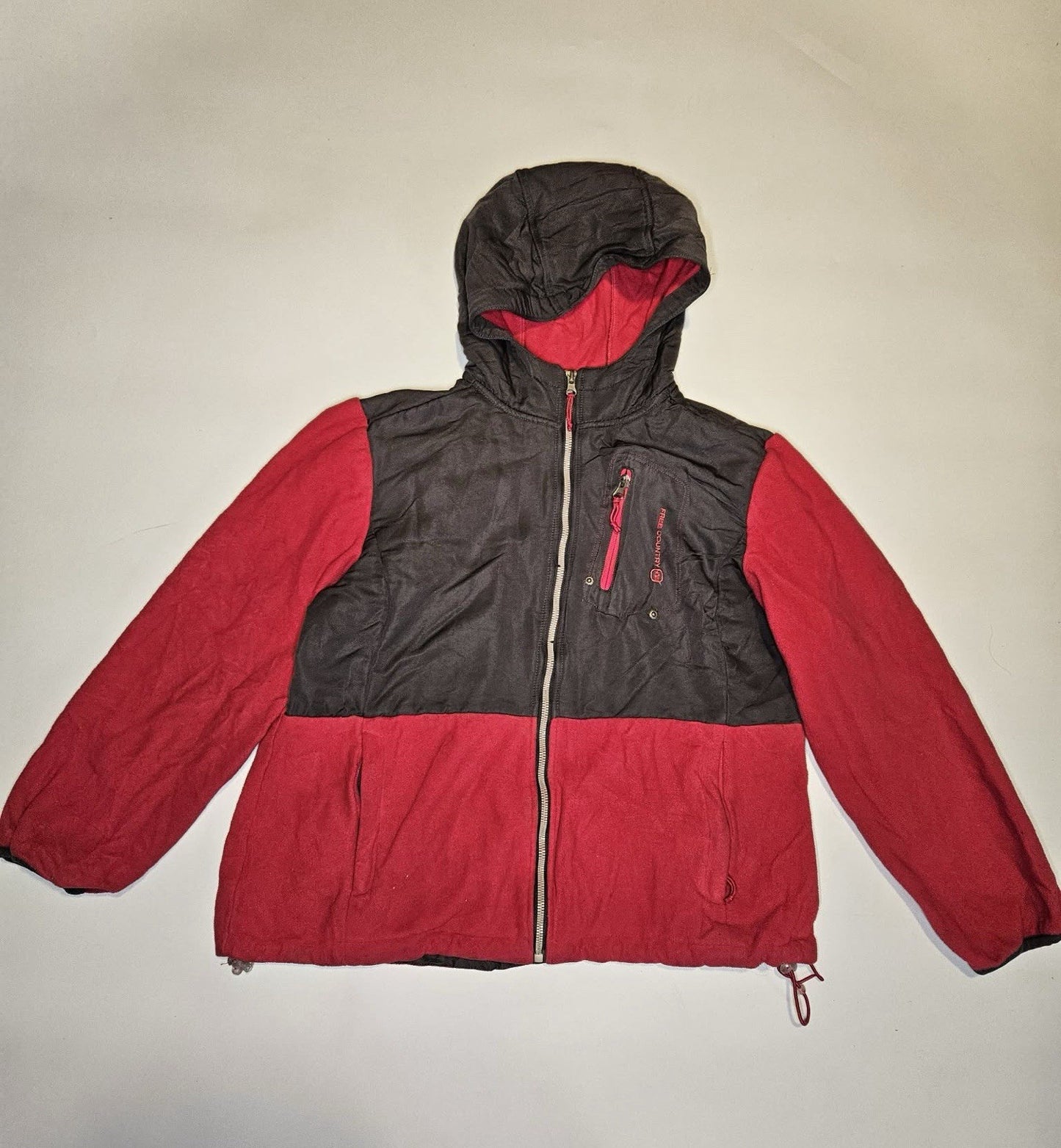 Free Country Jacket Women size L Red Zip Pockets Fleece Lined Hooded Activewear