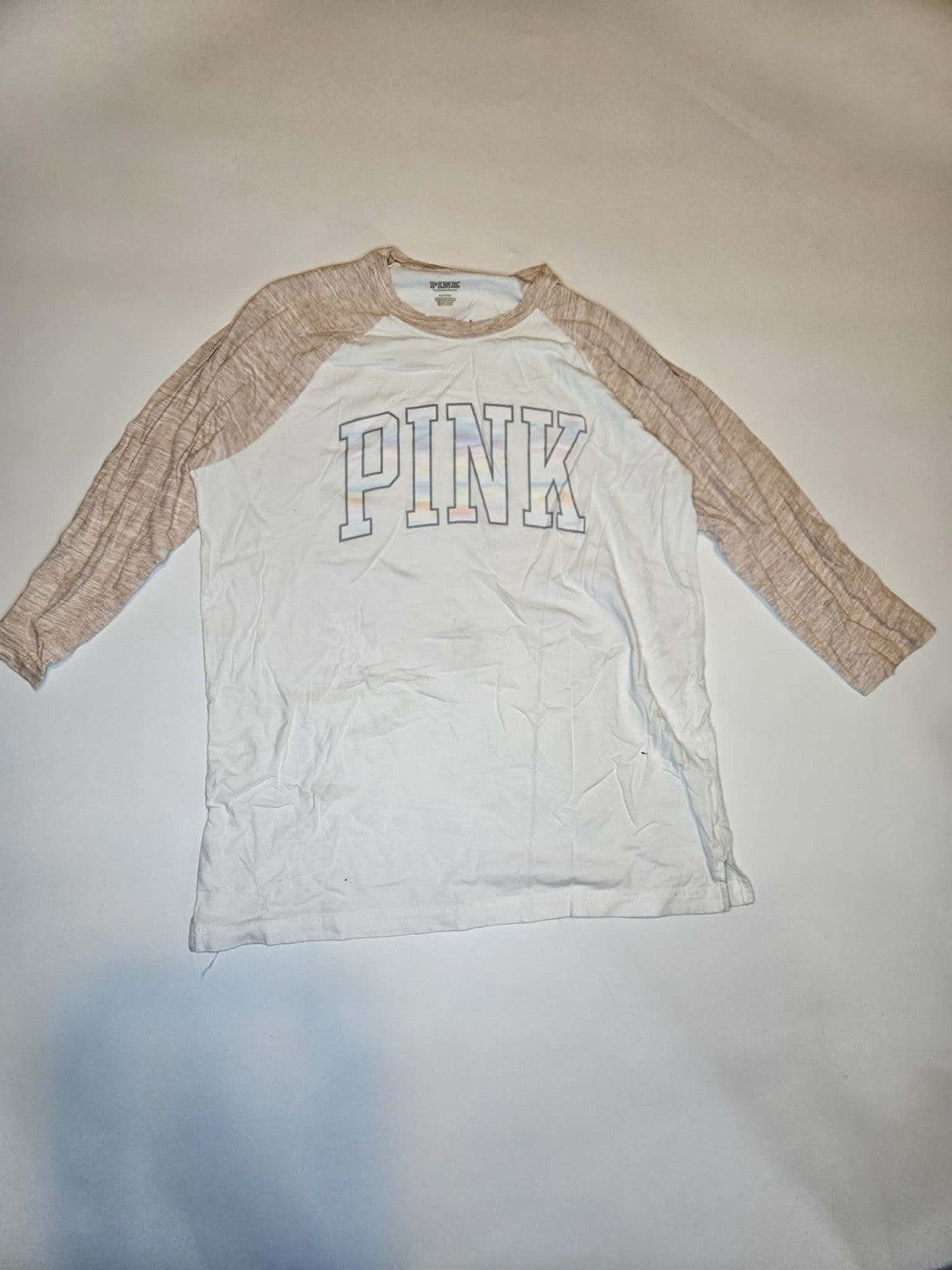 PINK Victoria’s Secret Raglan Baseball Tee Women’s Small White Tan