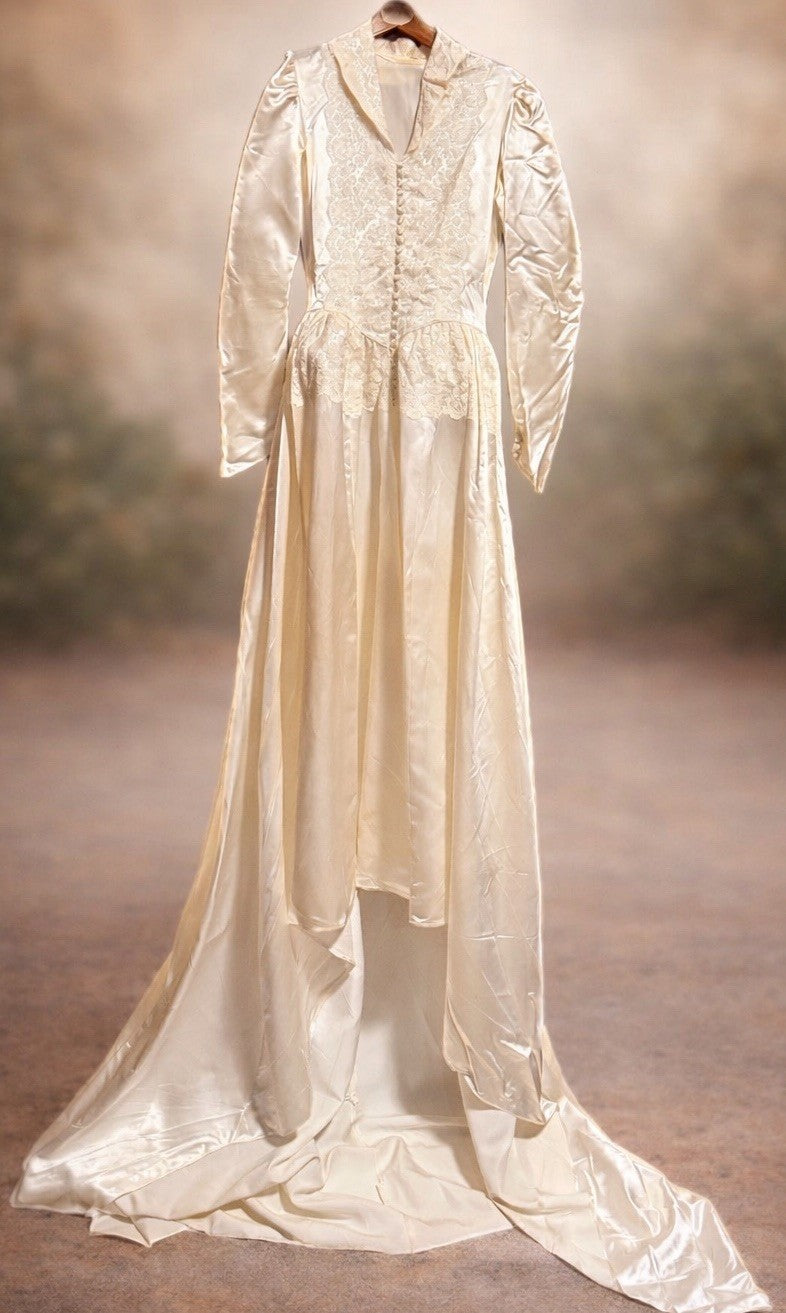 1930s Ivory Satin Wedding Dress Lace Bodice Long Sleeves Vintage Bridal Gown