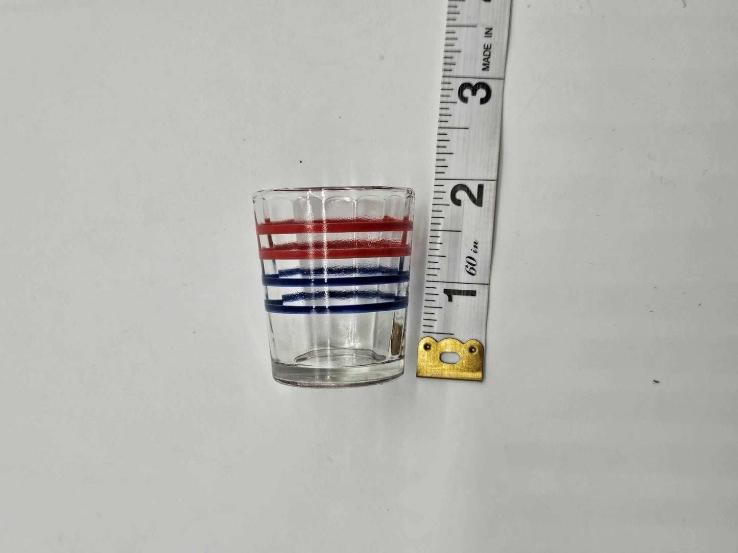 Vintage Hazel Atlas Handpainted Red Blue Striped Ringed Depression Shot Glass