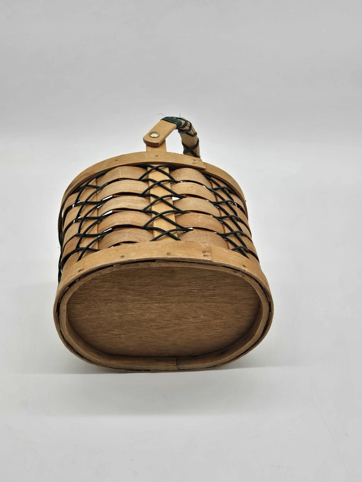Longaberger Style Wooden Splint Basket w Swing Handle Farmhouse Decor