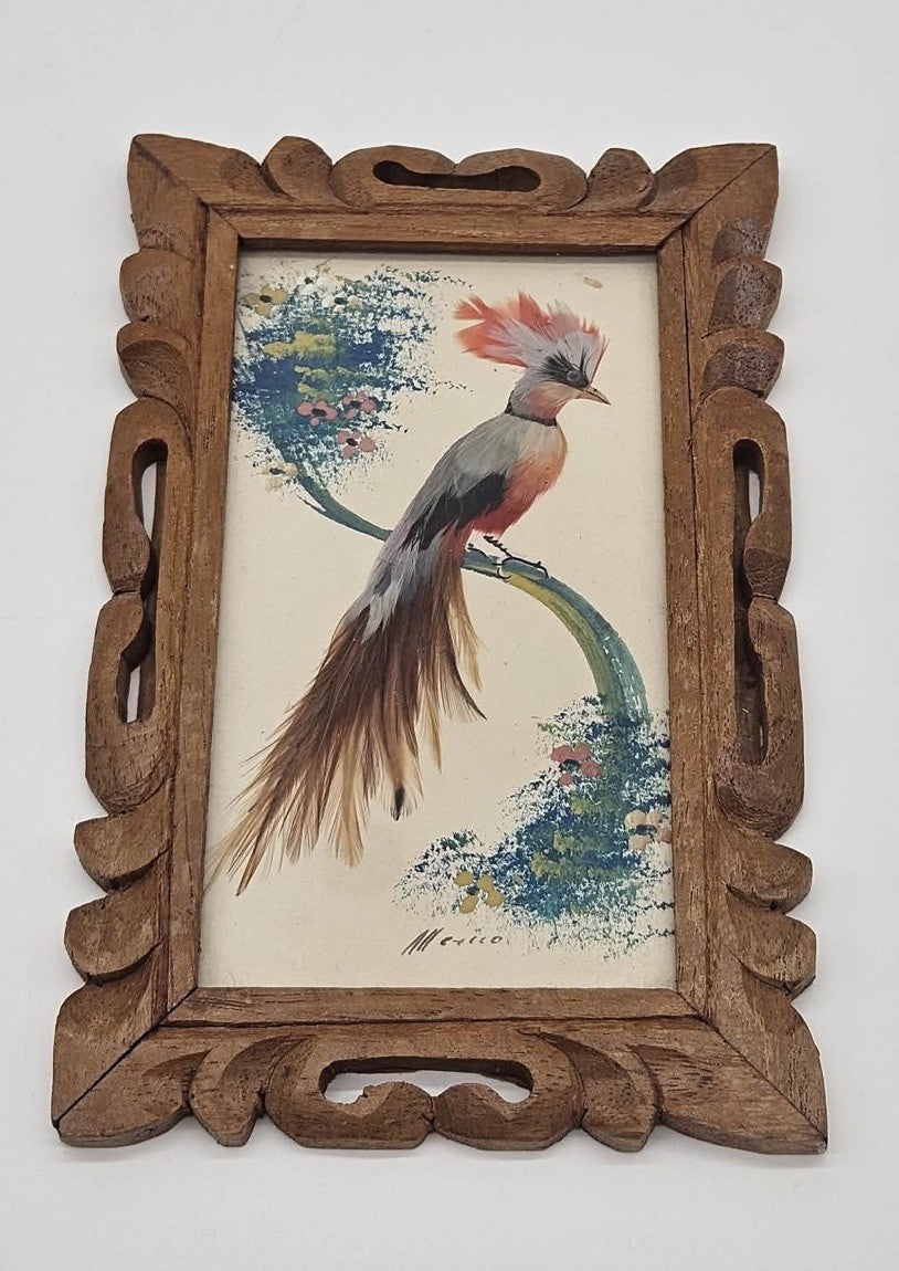 Vintage Mexican Folk Art Feather Craft Bird Picture Carved Frame
