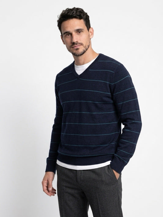 Old Navy Sweater Mens Large Blue Striped Pullover Long Sleeve V Neck