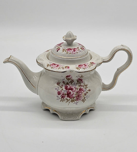 Vintage Crown Dorset Staffordshire England 6-Cup Teapot Pink Roses Gold Trim
