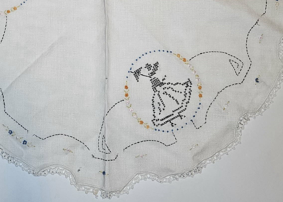 Vintage Hand Embroidered Linen Doily Round Table Scarf Lace Edge Crinoline Lady