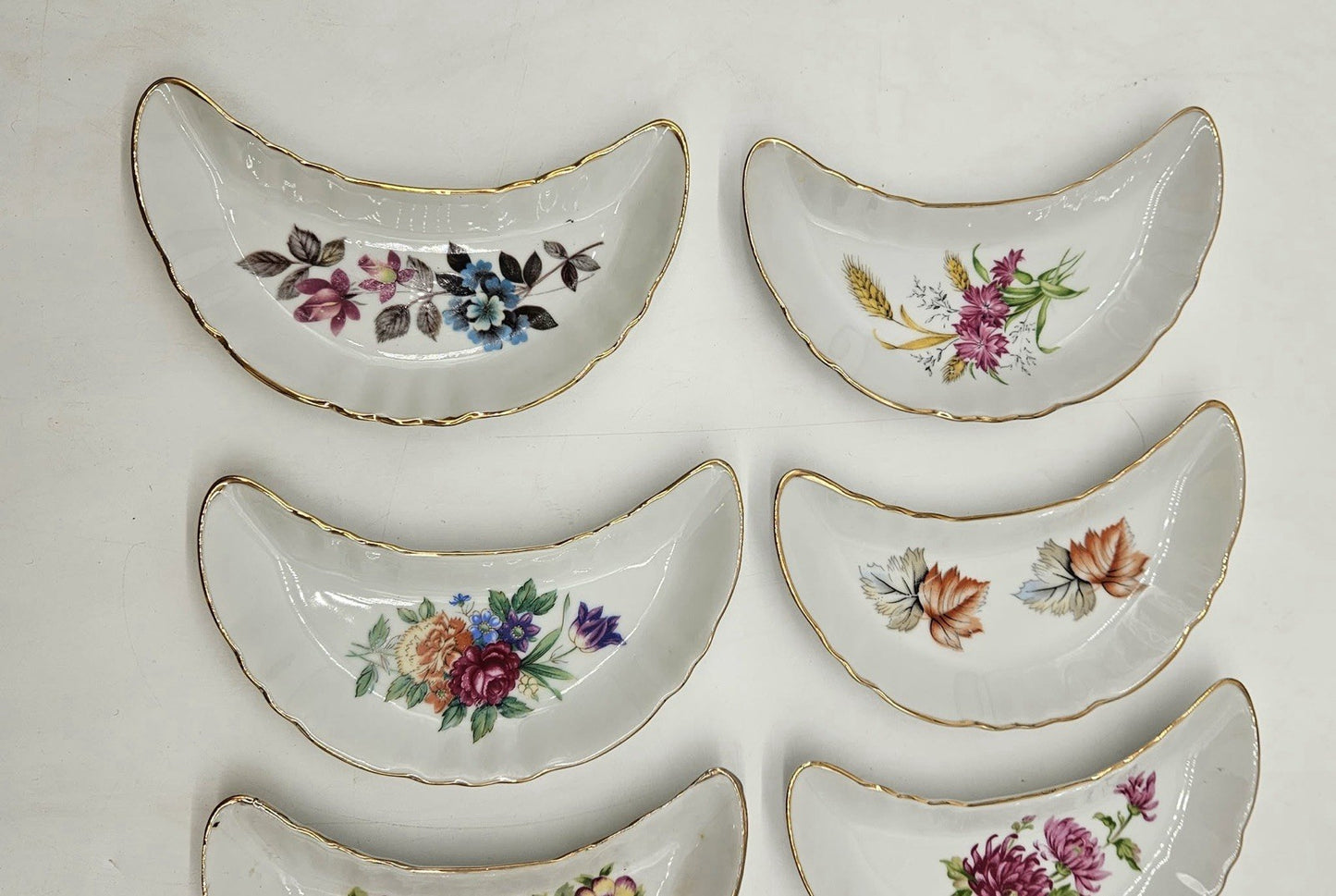Vintage CMI Inc Chadwick Japan Bone Dish 6 Crescent Floral Design Plates 40s