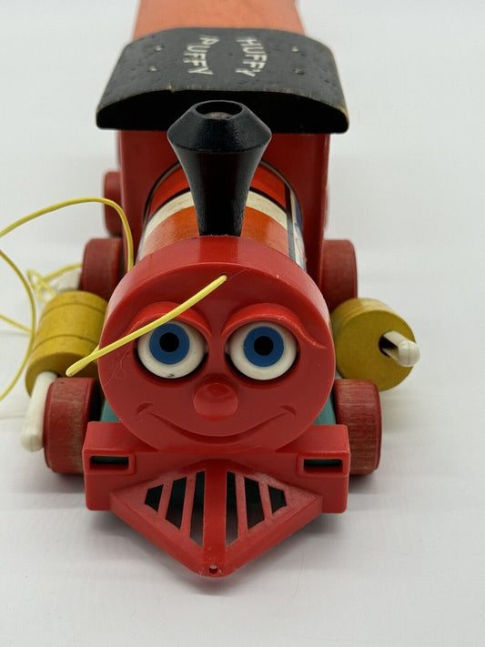 Original 1960s Fisher Price Vintage Huffy Puffy Wooden Train Set Pull Toy 4 Car