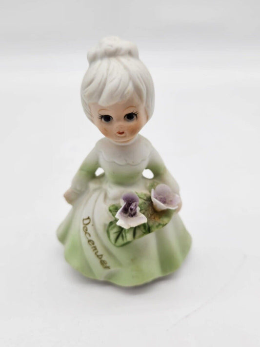 Adorable Vintage Lefton Green December Birthday Girl With Flowers 4”