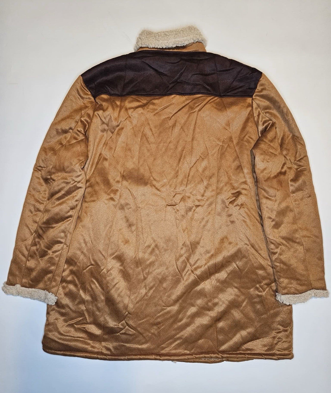 Men’s Brown Sherpa Lined Trucker Jacket Coat Zip Front Faux Leather 3XL