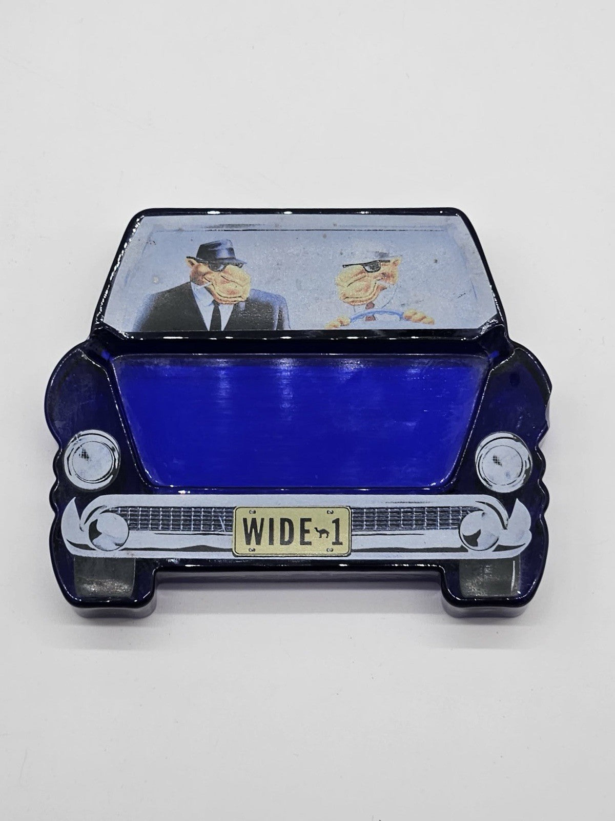 VINTAGE JOE THE CAMEL WIDE-1 CAR  DOUBLE-SIDED COBALT BLUE GLASS ASHTRAY