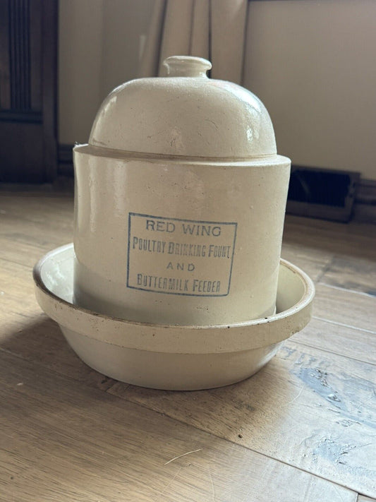 Red Wing Pottery Chicken Drinking Fount And Feeder Crock Tray