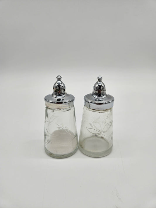 Vintage Glass Salt & Pepper Shakers with Chrome Lids