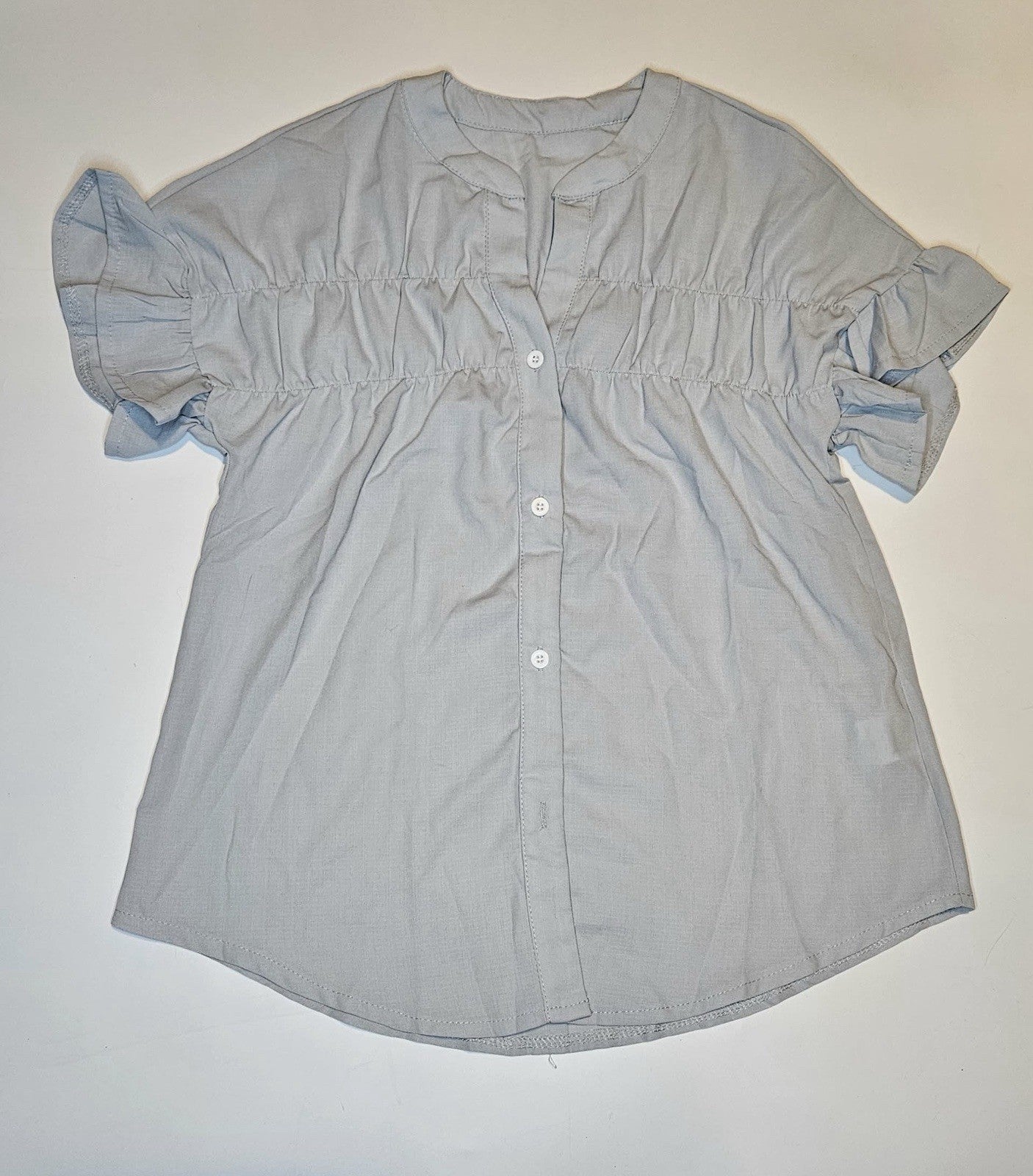 Women’s Light Blue Short Sleeve Button Front Blouse Ruffle Sleeves Size S