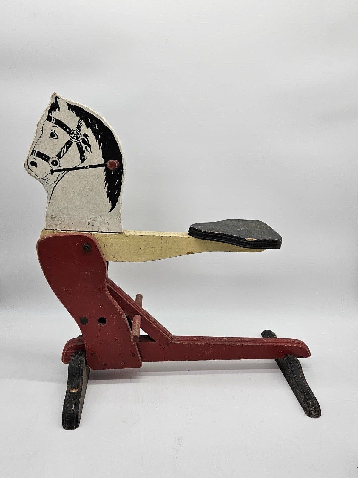 Antique Wooden Horse Bouncer Seesaw Toy – Hand-Painted Folk Style Ride-On