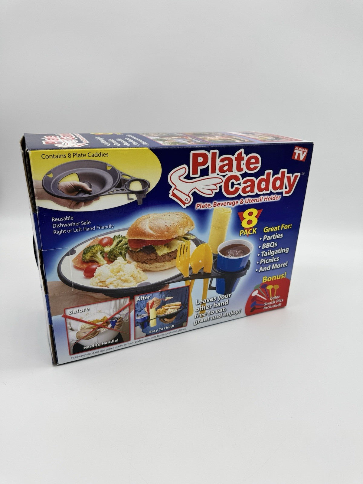 Plate Caddy As Seen on TV 8-Pack Plate Beverage Utensil Holder Color Snack Pics