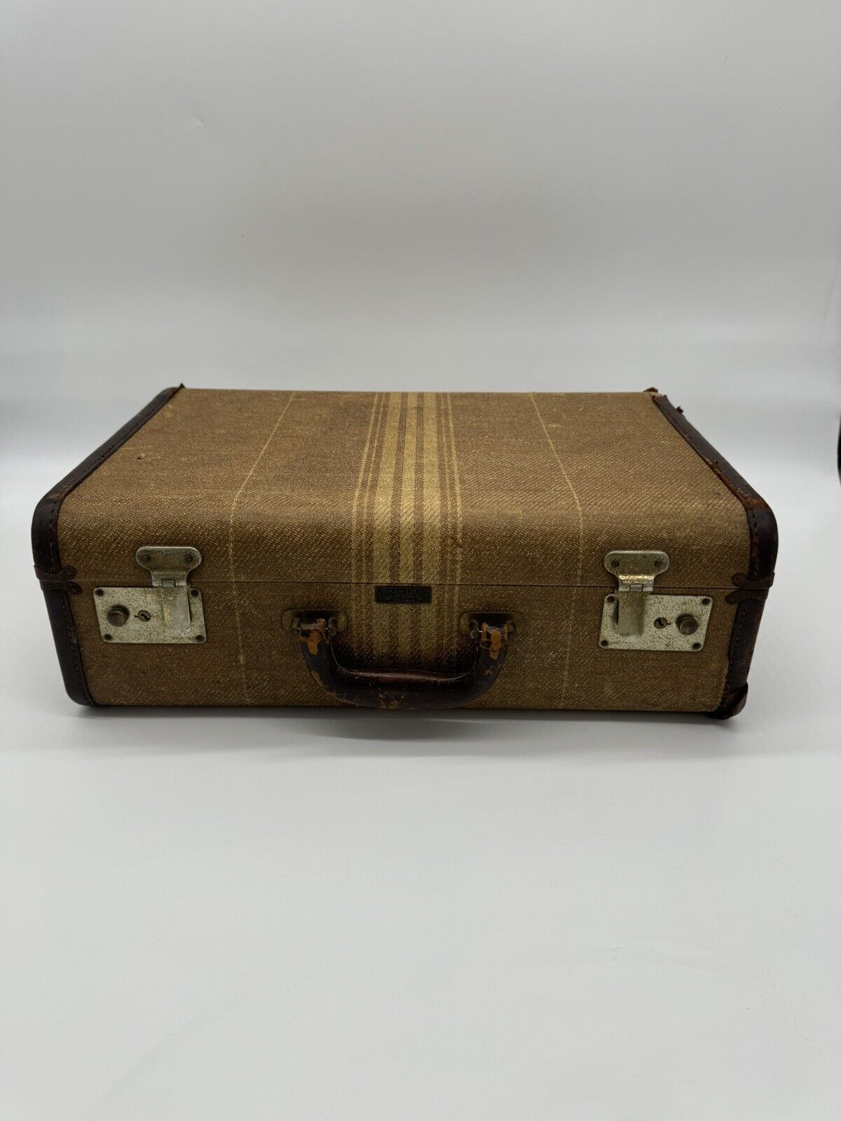 Vintage 1930-40s  Striped Suitcase By Crown W/Leather Trim