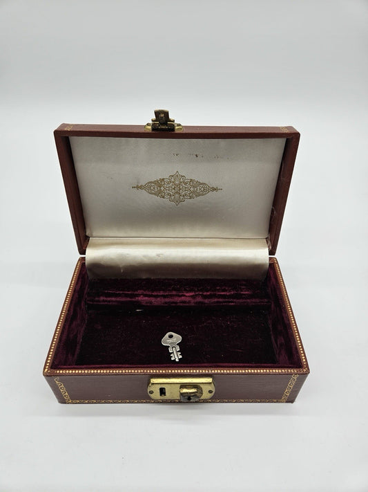 Vtg. Burgendy & Gold Leatherette Jewelry Music Box Red Burgundy Plush Lining VGG