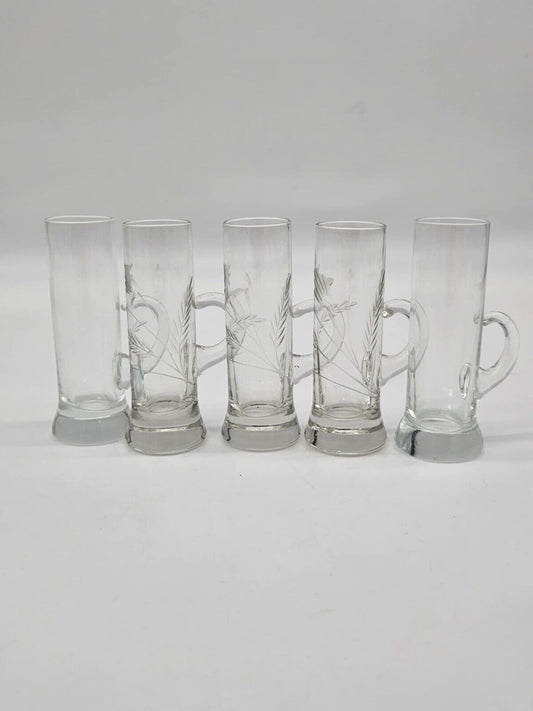 Vtg. Set of 5 Clear Crystal Liqueur/Shot Glasses w/Handles Etched Wheat Design
