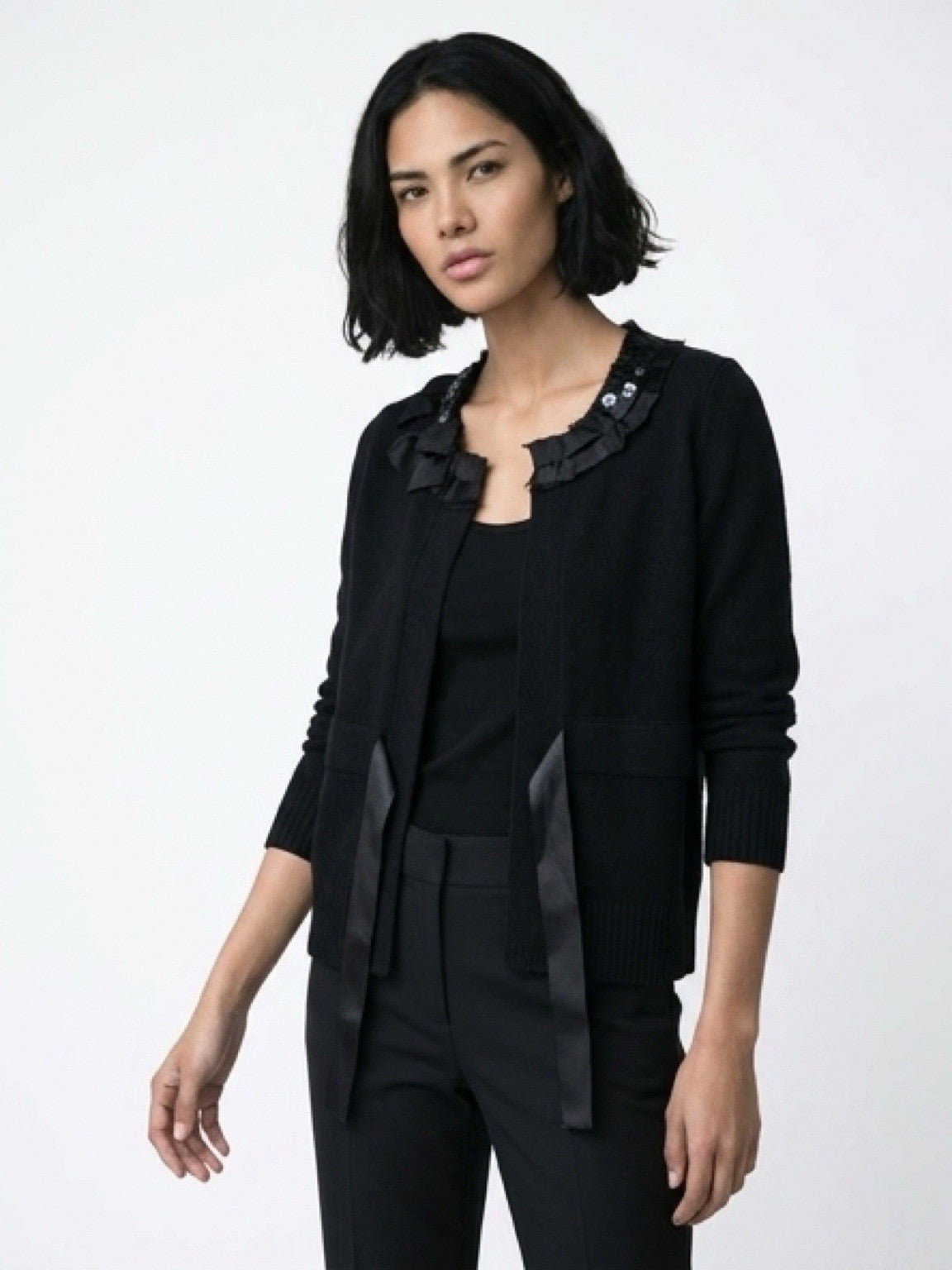 LC Lauren Conrad Black Ruffle Sequin Cardigan Open Front XS
