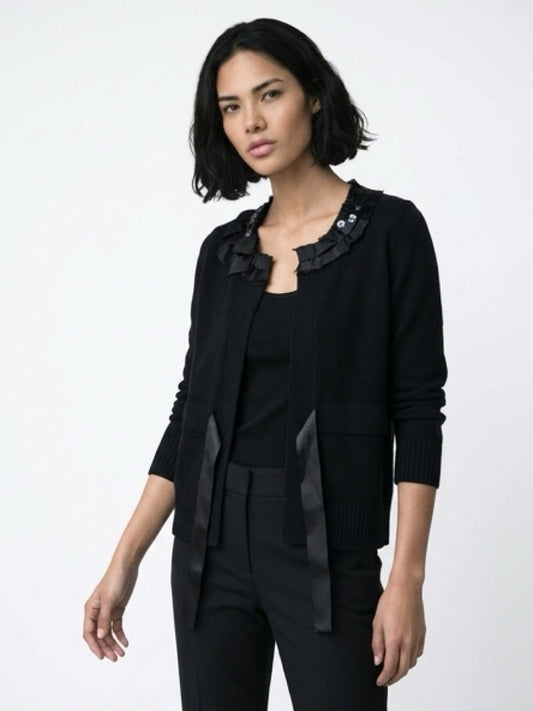 LC Lauren Conrad Black Ruffle Sequin Cardigan Open Front XS