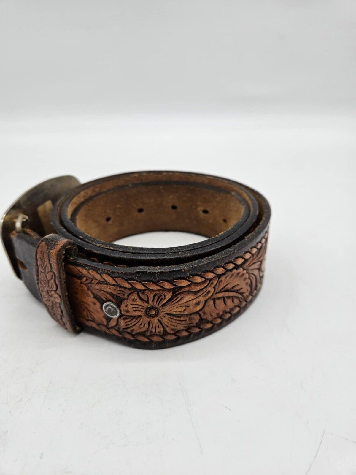 Vintage 1970s Classic Western Mounted Stone Belt Buckle + Tooled Leather Belt 38