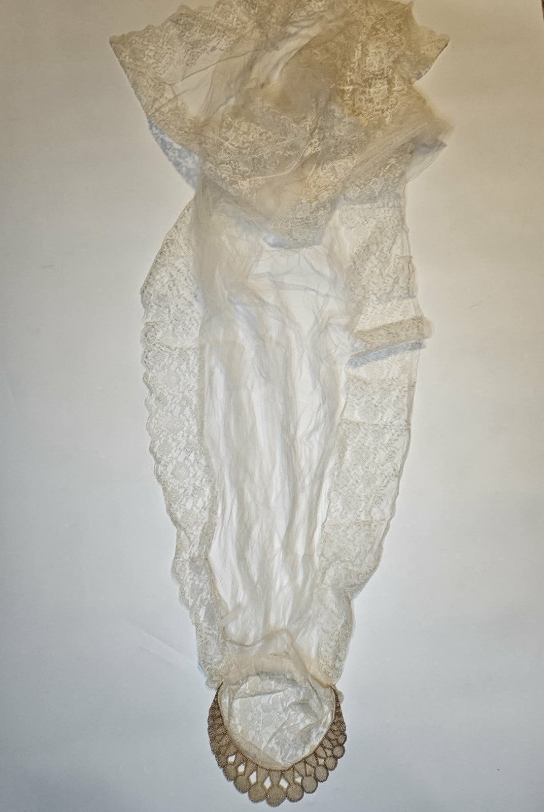 Antique Victorian Lace Bridal Veil with Satin Cap Ivory Cream