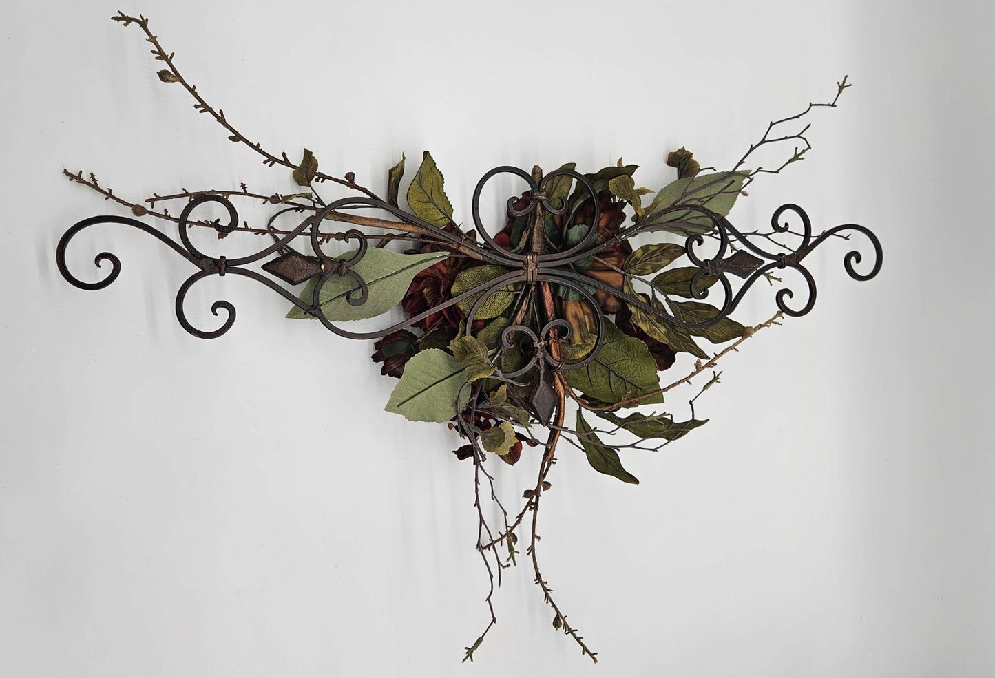 Metal Scroll Wall Décor with Faux Floral Arrangement Burgundy Red Fall Swag