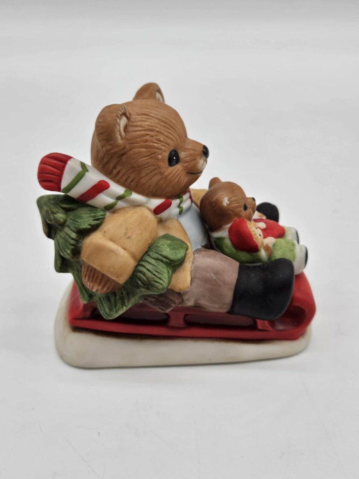 Vintage Homco #5102 Christmas Teddy Bears Riding Sled w/ tree