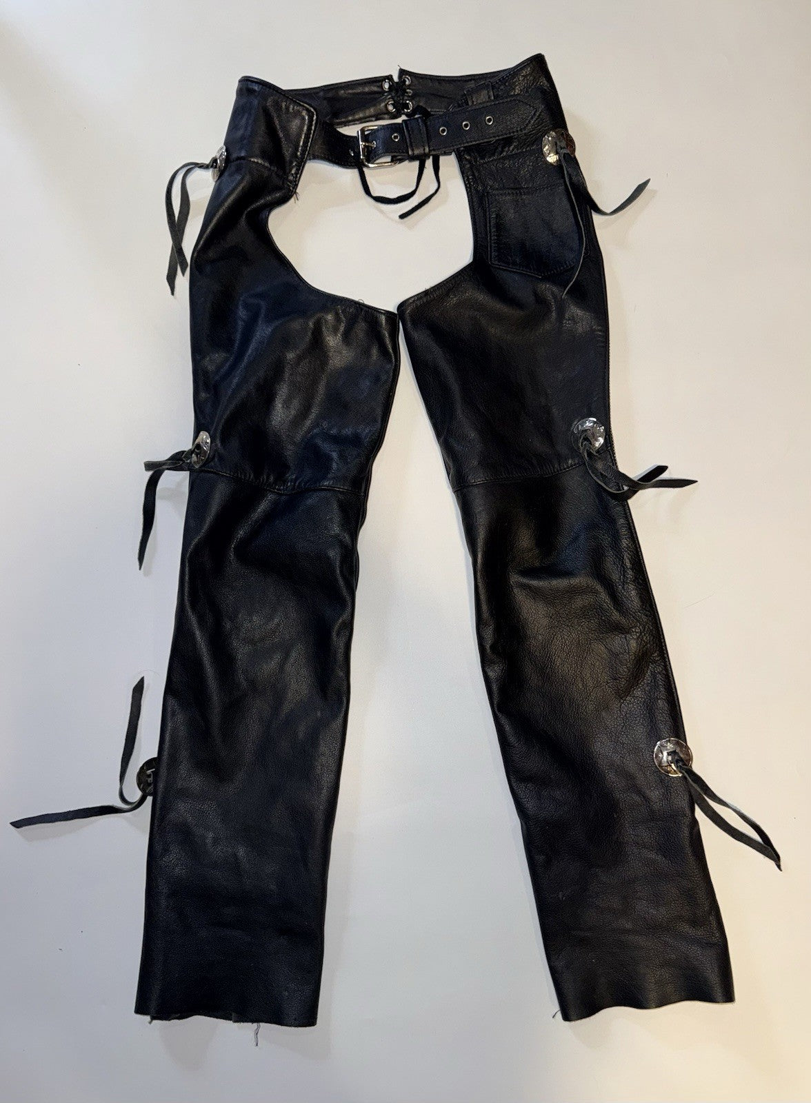 Vintage Black Leather Motorcycle Chaps w Buckle Belt Fringe Detail ~ Sz S