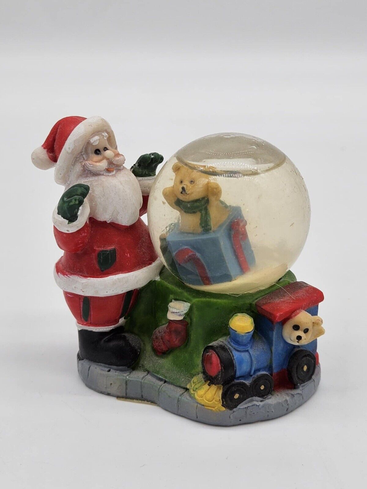 Multi-color 3 1/2" Snow Globe Snowdome w Santa & Toys Ornament VTG