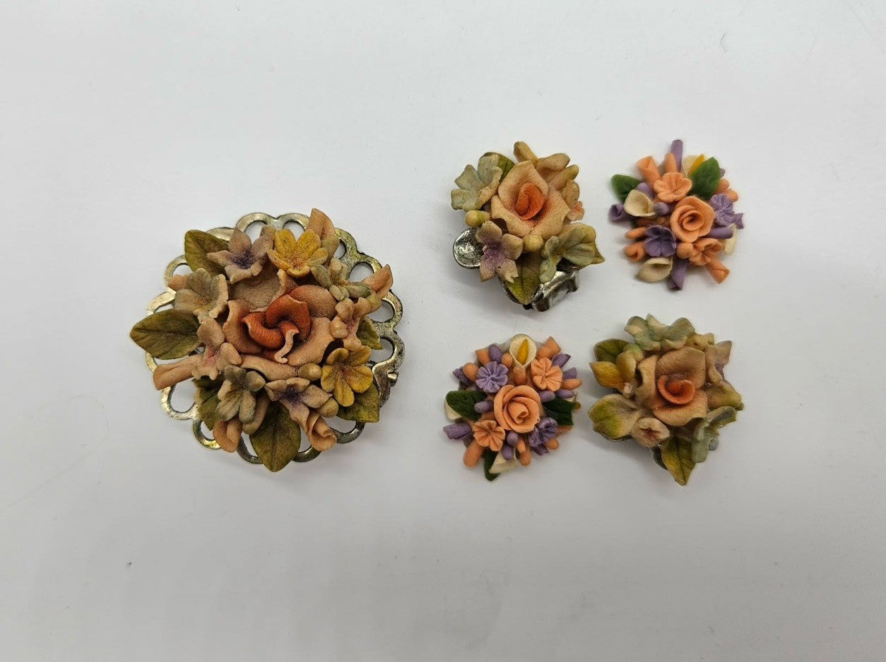 Vintage England Bone China Floral Pin & clip on Earring set