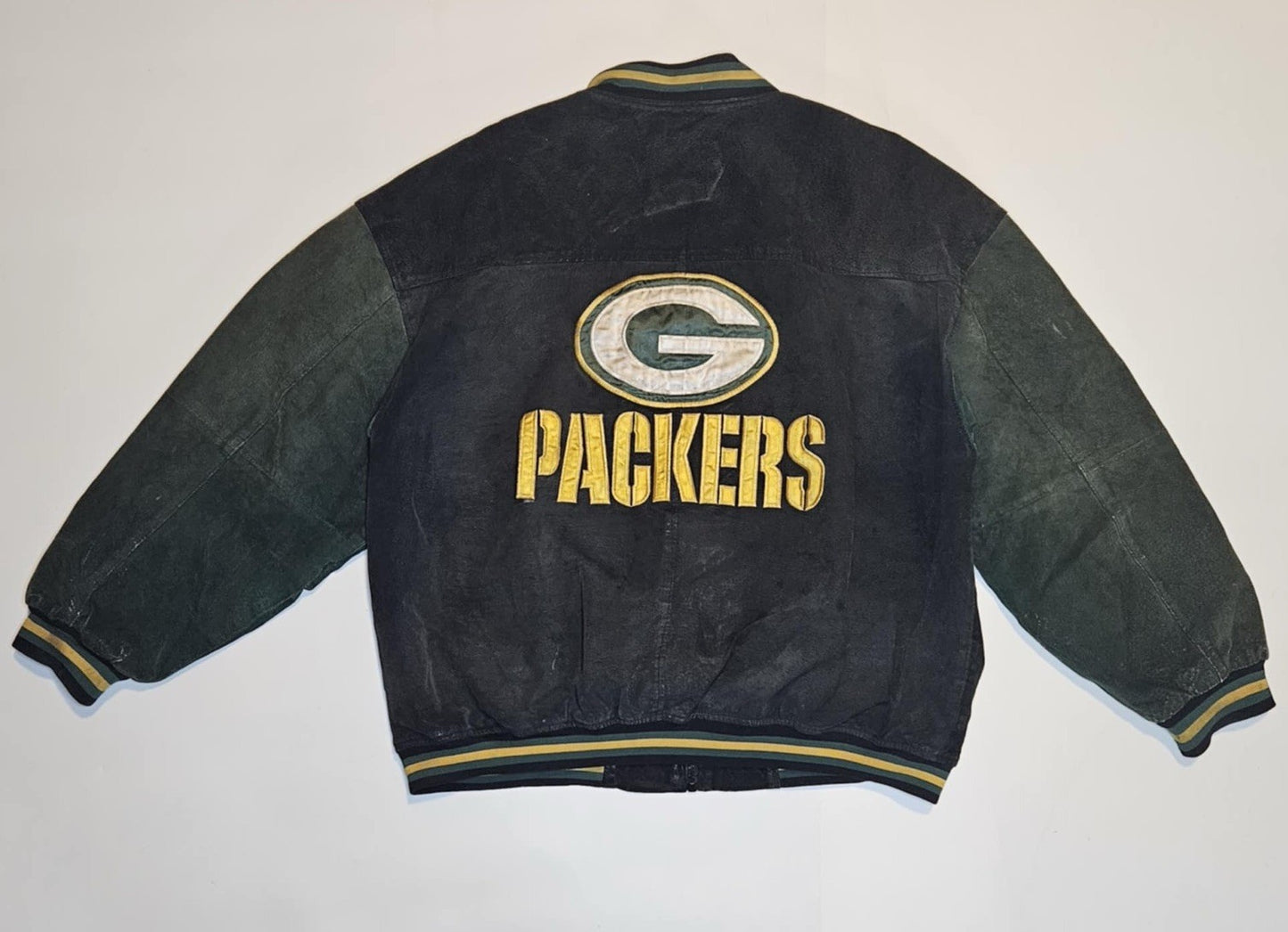 GREEN BAY PACKERS NFL BRAND FULLY STITCHED ZIP SUEDE LEATHER JACKET- XL RARE