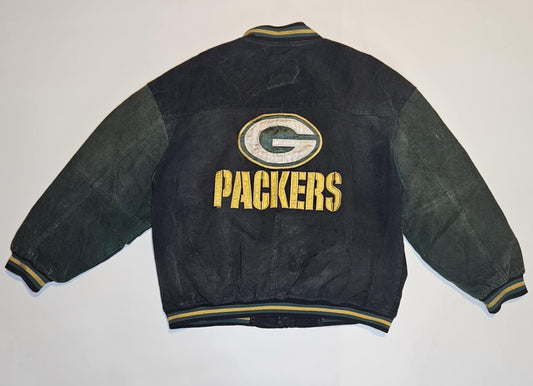 GREEN BAY PACKERS NFL BRAND FULLY STITCHED ZIP SUEDE LEATHER JACKET- XL RARE