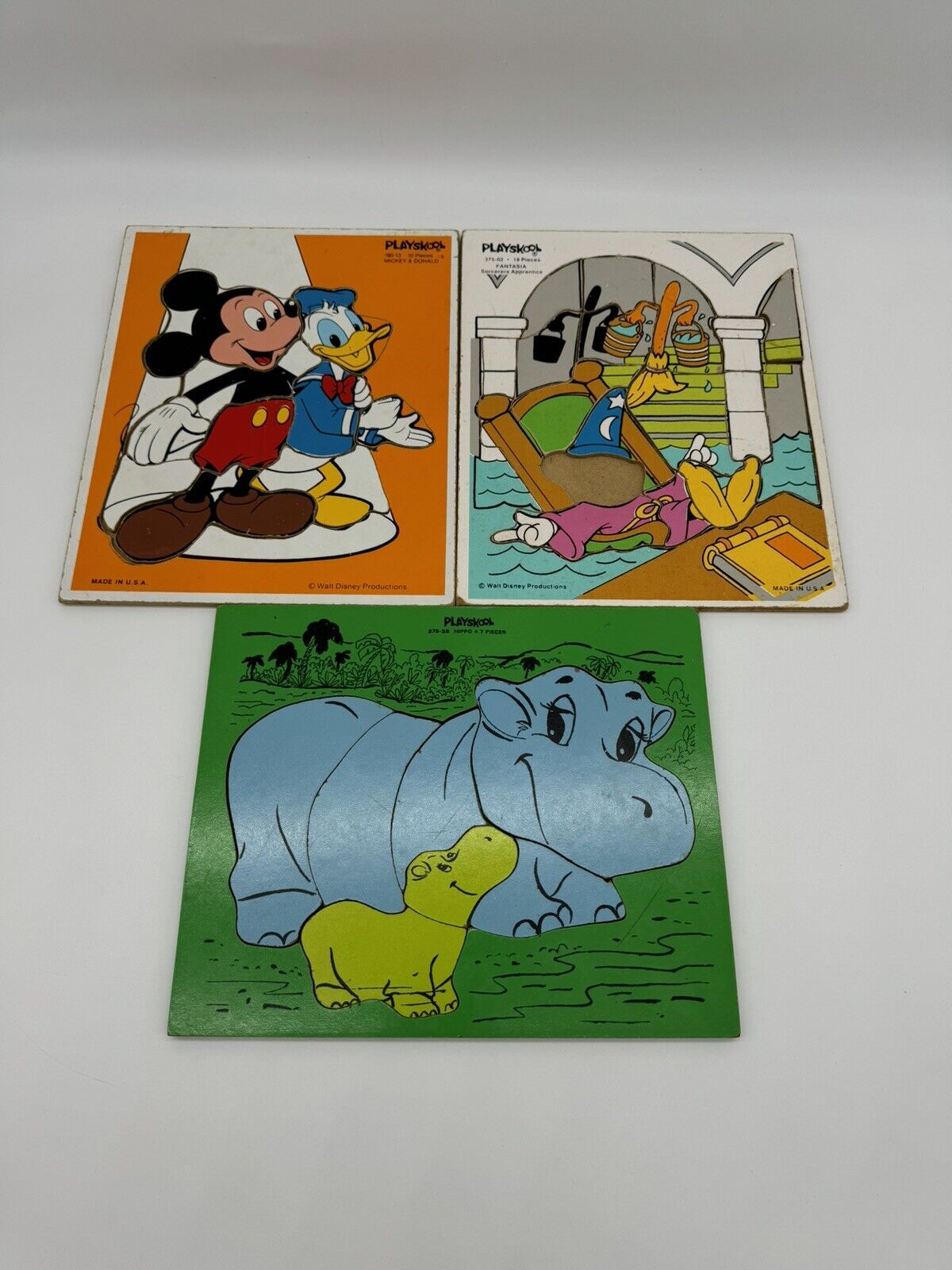Lot of 3 VTG Walt Disney Mickey Fantasia Hippo Playskool Wooden Puzzles