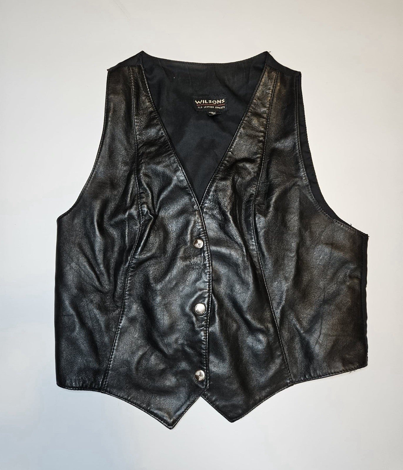 Vintage WILSONS Leather Experts black snap button biker vest men L