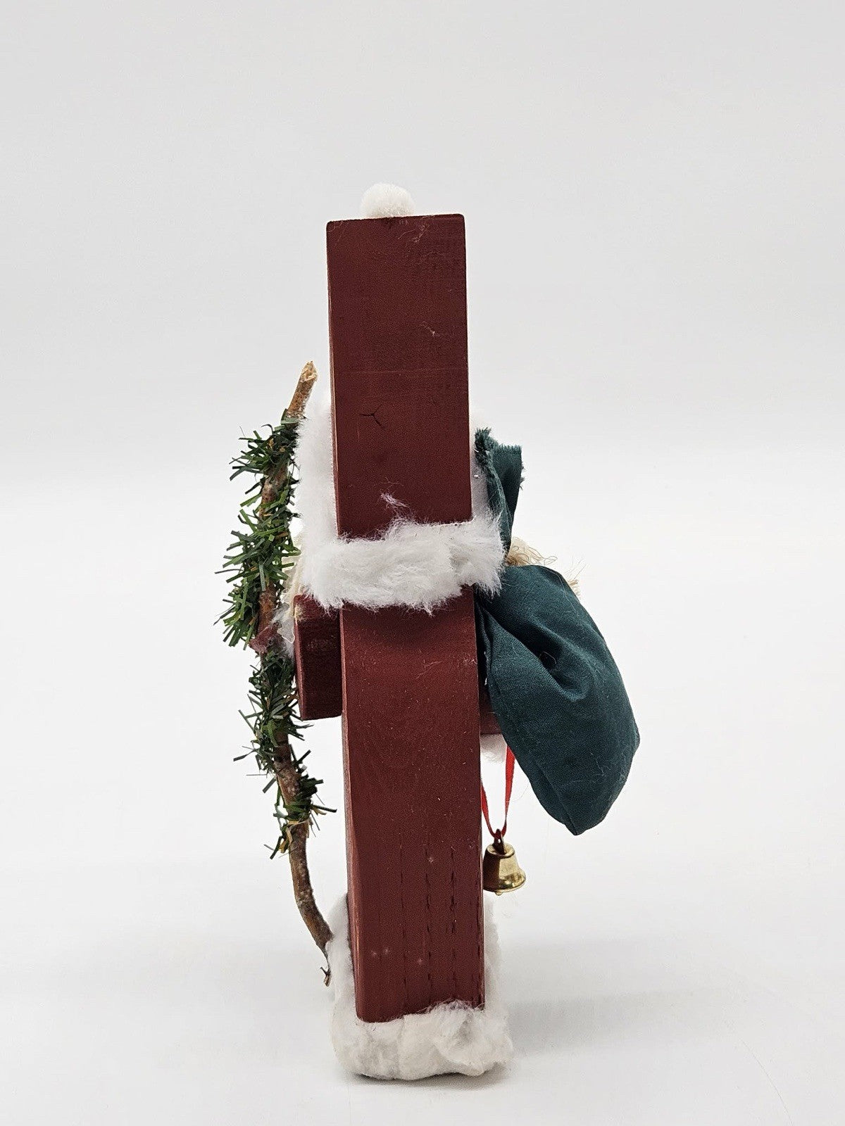 Handmade Folk Art Wooden Santa Figure w Sack Bell & Greenery 9”