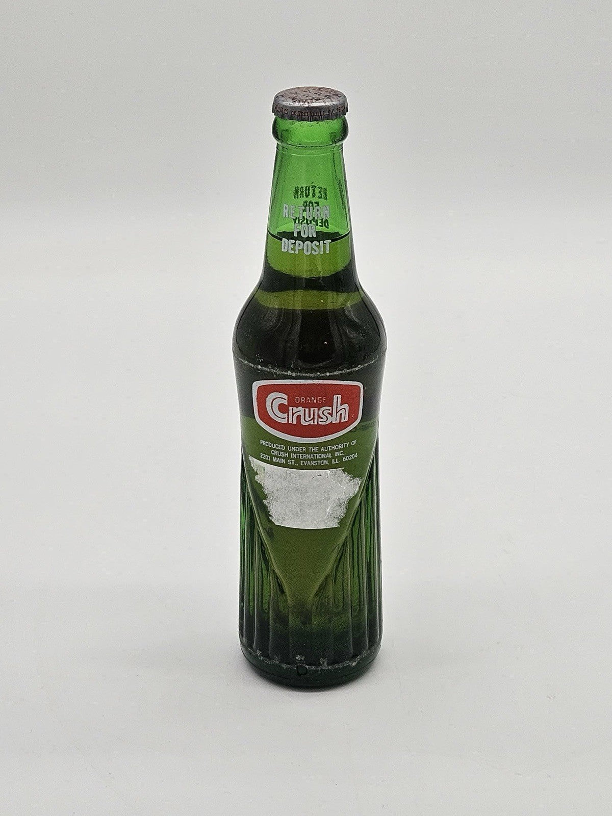 Full 10 Oz. Orange Crush Green Soda Bottle, Evaston Illinois