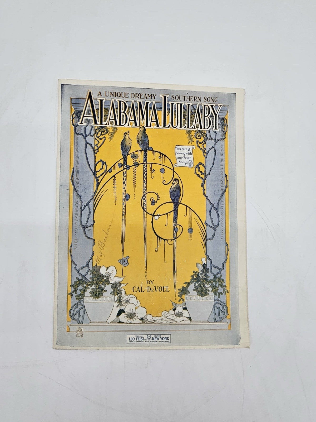 1919 Alabama Lullaby Sheet Music Cal Devoll Art Deco Cover Song Birds