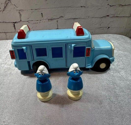 Vintage Smurf School Bus Toy Moving Parts Slide w/ 2 Figurines VTY 003
