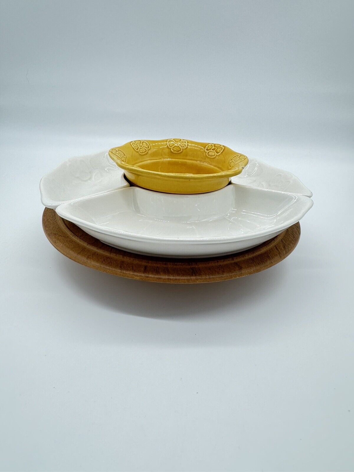 Vtg. CALIFORNIA POTTERY USA 259 Wooden Lazy Susan Relish/Chips/Serving Dishes