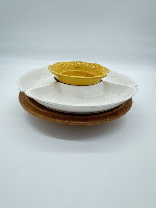Vtg. CALIFORNIA POTTERY USA 259 Wooden Lazy Susan Relish/Chips/Serving Dishes