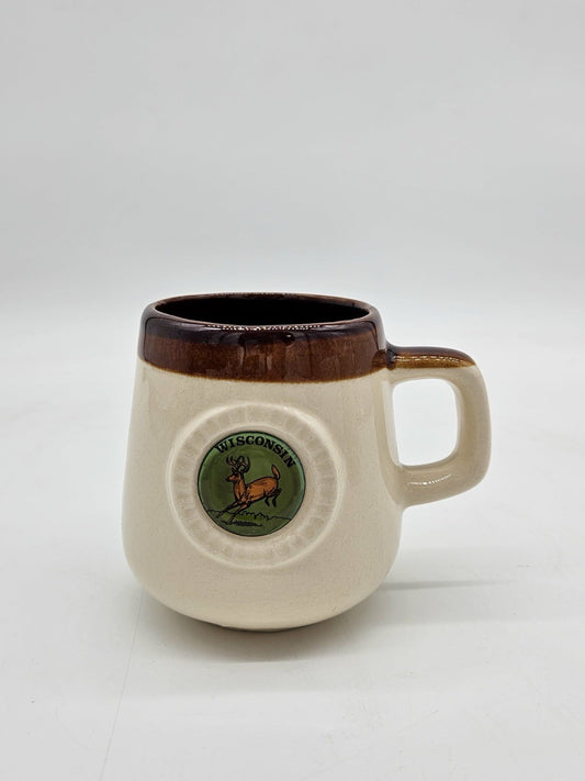 Vintage Wisconsin Deer Stoneware Coffee Mug Brown Drip Glaze