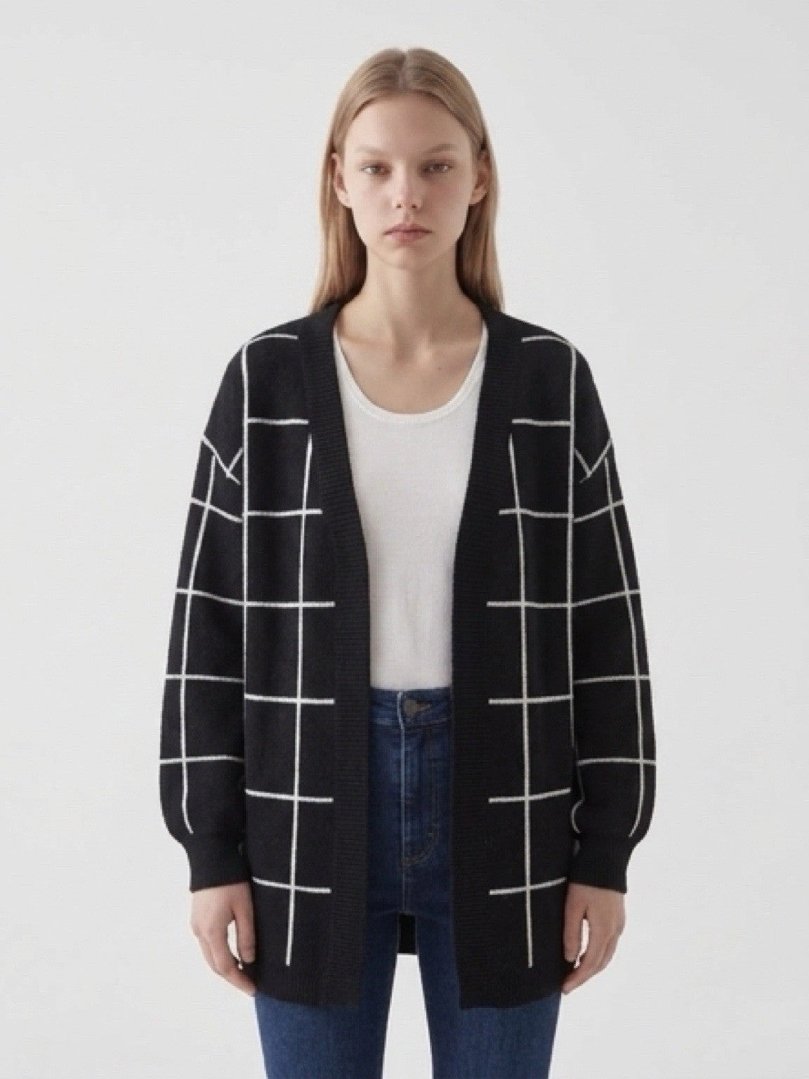 Time and Tru Black White Grid Open Cardigan Women’s S