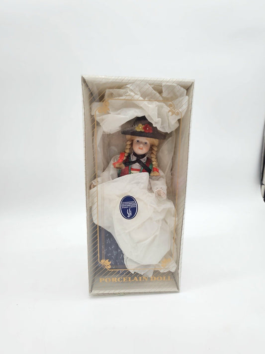 Vintage Swiss?? Porcelain Doll Braided Hair Hat Handmade Collection Boxed