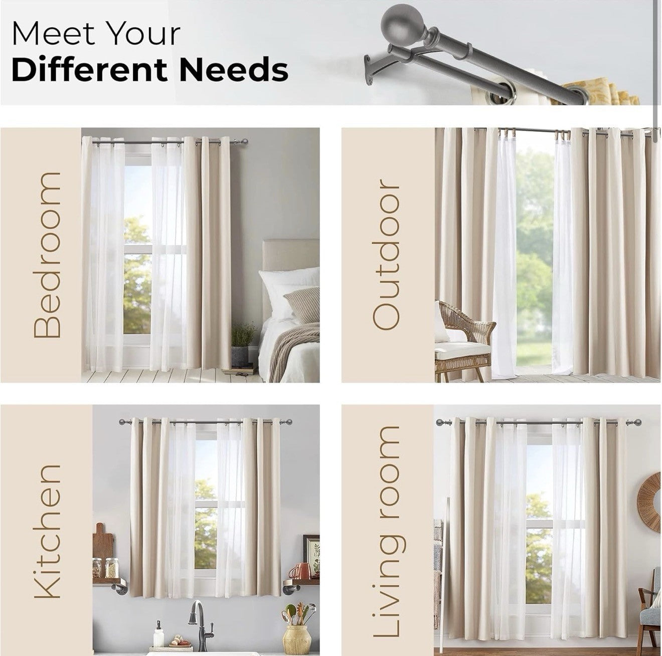 Deco Window 1 Pc 36”-66” Extendable Double Curtain Rod with Bracket