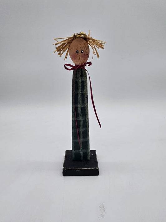 Primitive Folk Art Angel Wood Figurine Plaid Dress Straw Hair