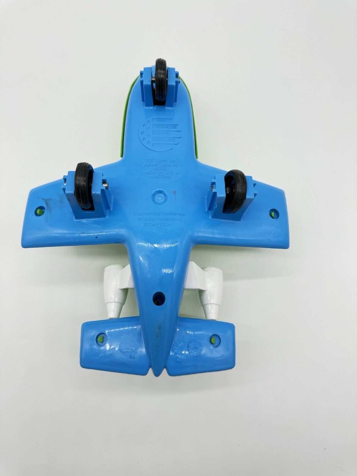 Vintage American Plastic Toys Airplane Blue Green Made in USA 11"x8"