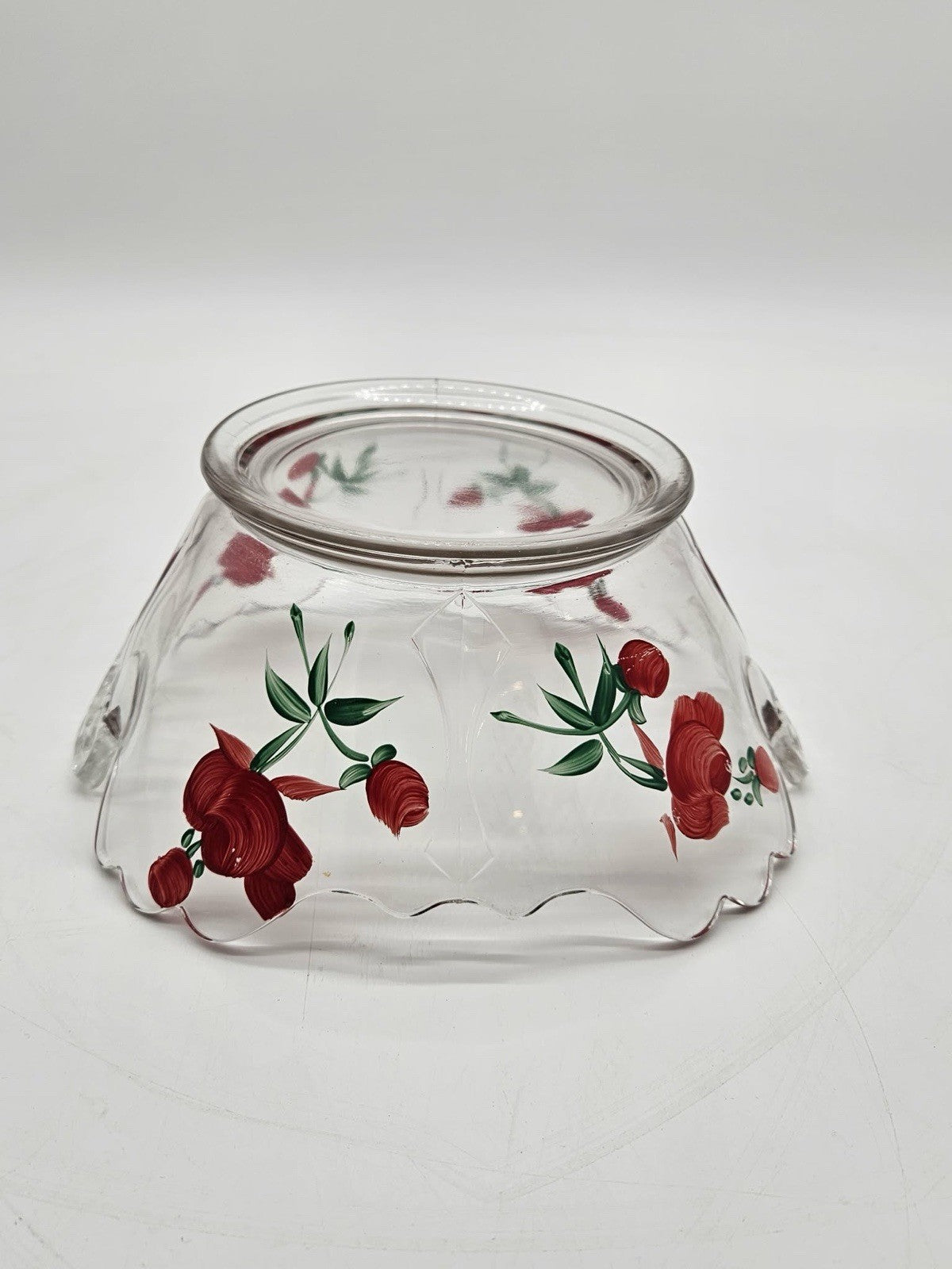 Vintage Clear Glass Bowl Hand Painted Red Floral Design