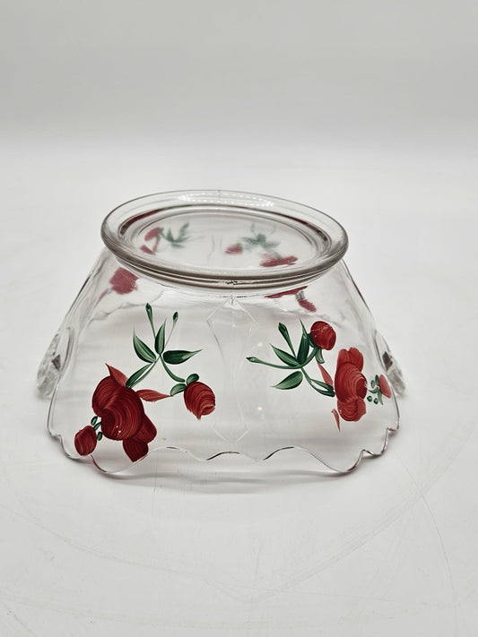 Vintage Clear Glass Bowl Hand Painted Red Floral Design