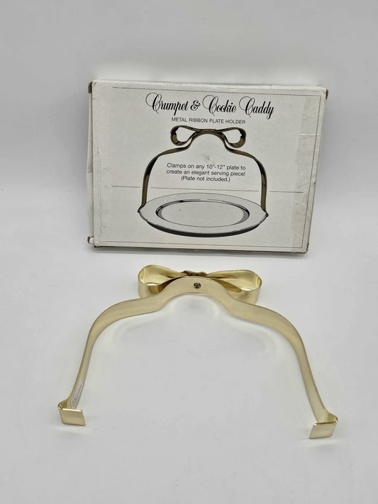 Crumpet & Cookie Caddy Metal Ribbon Plate Holder Silver Bow Gold Bow NIB